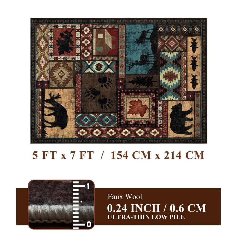 Rustic Cabin Area Rug 5x7,Machine Washable Lodge Bear Rug
