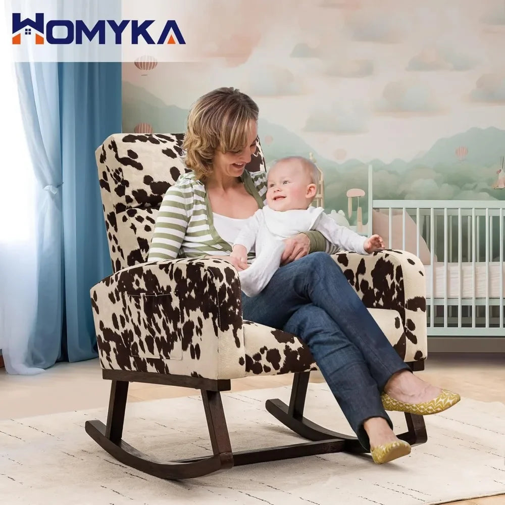 Nursery rocking chair, cow printed fabric gliding chair, high backrest side pockets, and extended wooden structure daycare chair