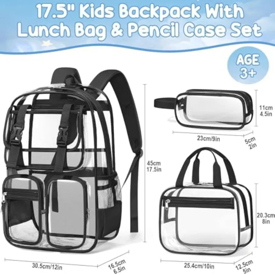 Clear Backpack for Girls - 3 PCS Heavy Duty Boys Clear Bags Schoolbag Large Transparent PVC Bookbag with Lunch Box Pencil Case
