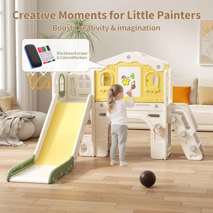 11 in 1 Toddler Slide Indoor Slide for Toddlers 1-3 Years Old Toddler Indoor Playground with Drawing Board Ring Toss Basketball