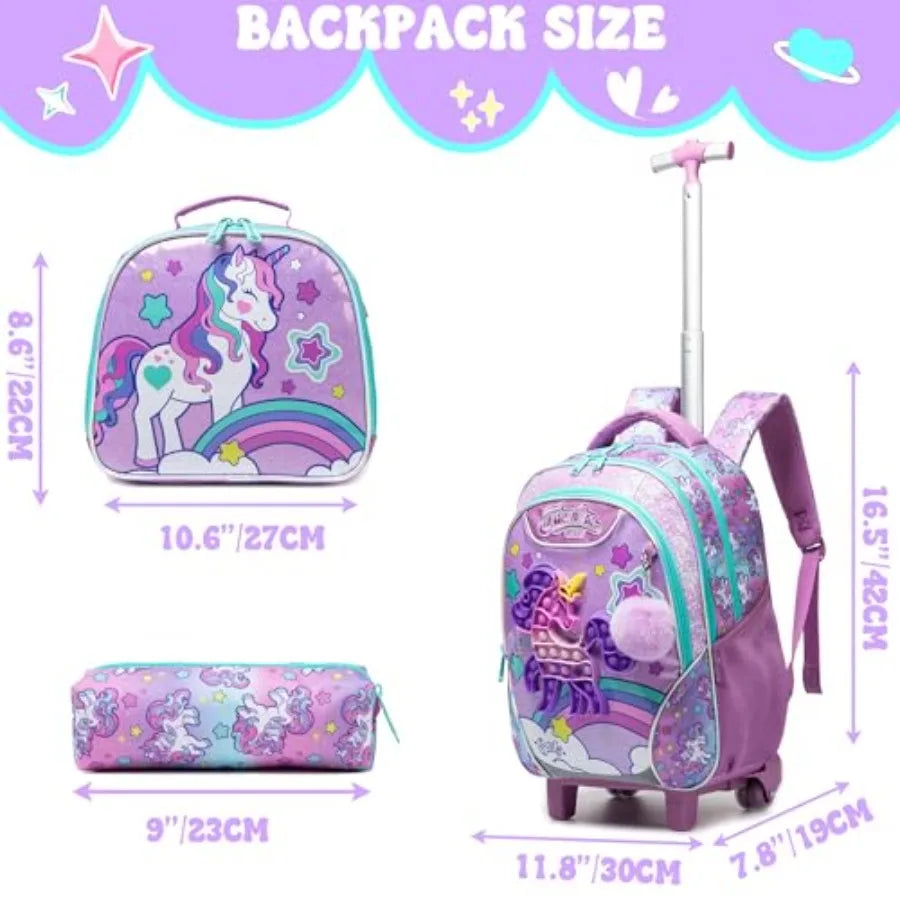 Unicorn Rolling Backpack with Wheels for Elementary Student Wheels Trolley Trip Luggage with Lunch Bag Pencil Case