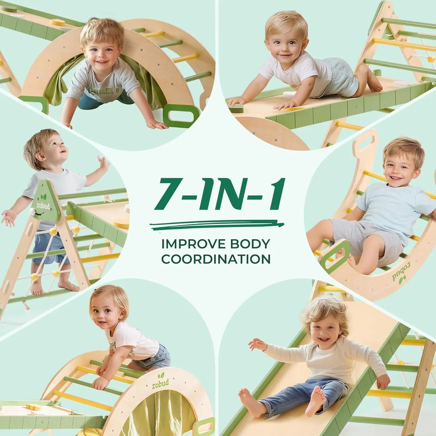 Robotime Robud 7 in 1 Triangle Set Foldable Wooden Climbing Toy Montessori Foldable Climbing Set with Rope Net