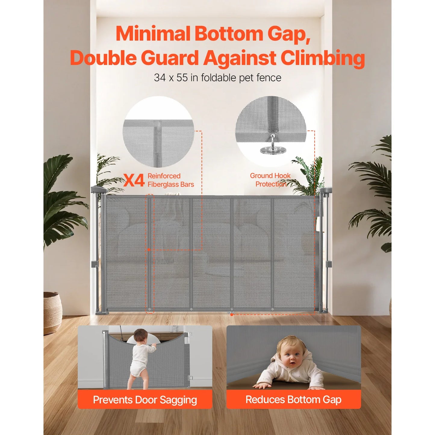 SucceBuy 55/71/110in Retractable Baby Gate 34in Tall Extends Wide Retractable Gate for Kids Mesh Material Easy to Install