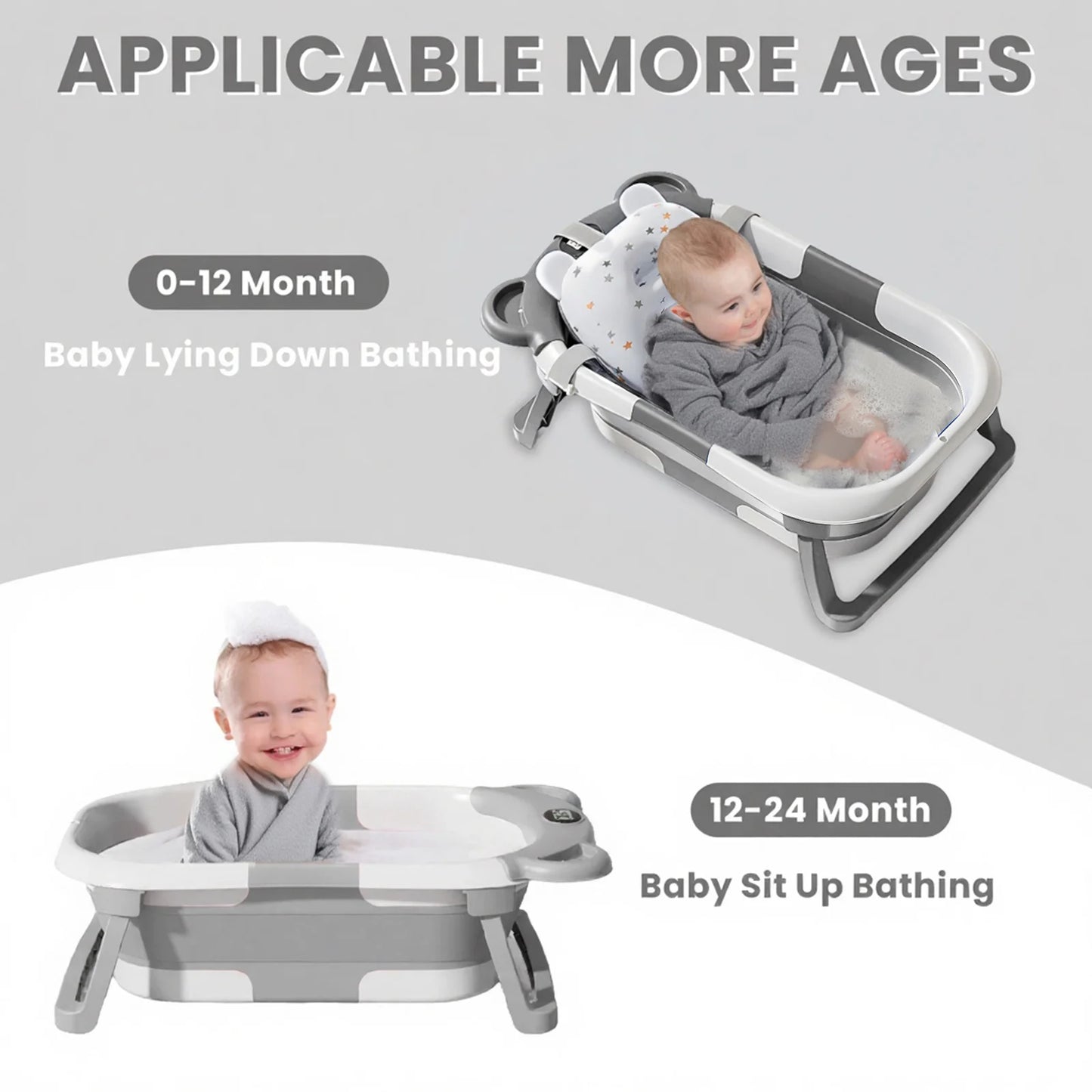 Portable Travel Bathtub, Collapsible Baby Bathtub, with Thermometer & 1 Soft Floating Cushion