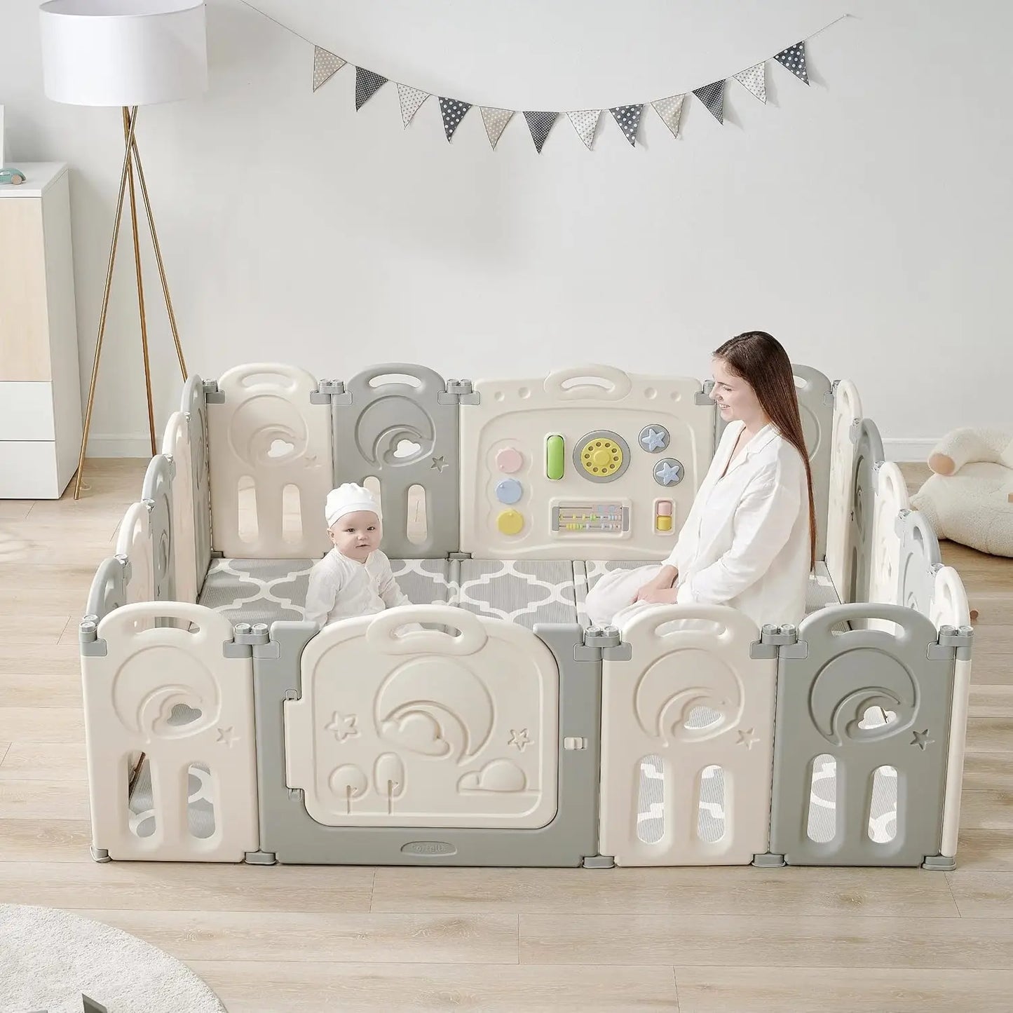 Foldable Baby Playpen with Whiteboard & Activity Wall, Indoor Outdoor Safety Play Yard, Gray 4-Panel Extension