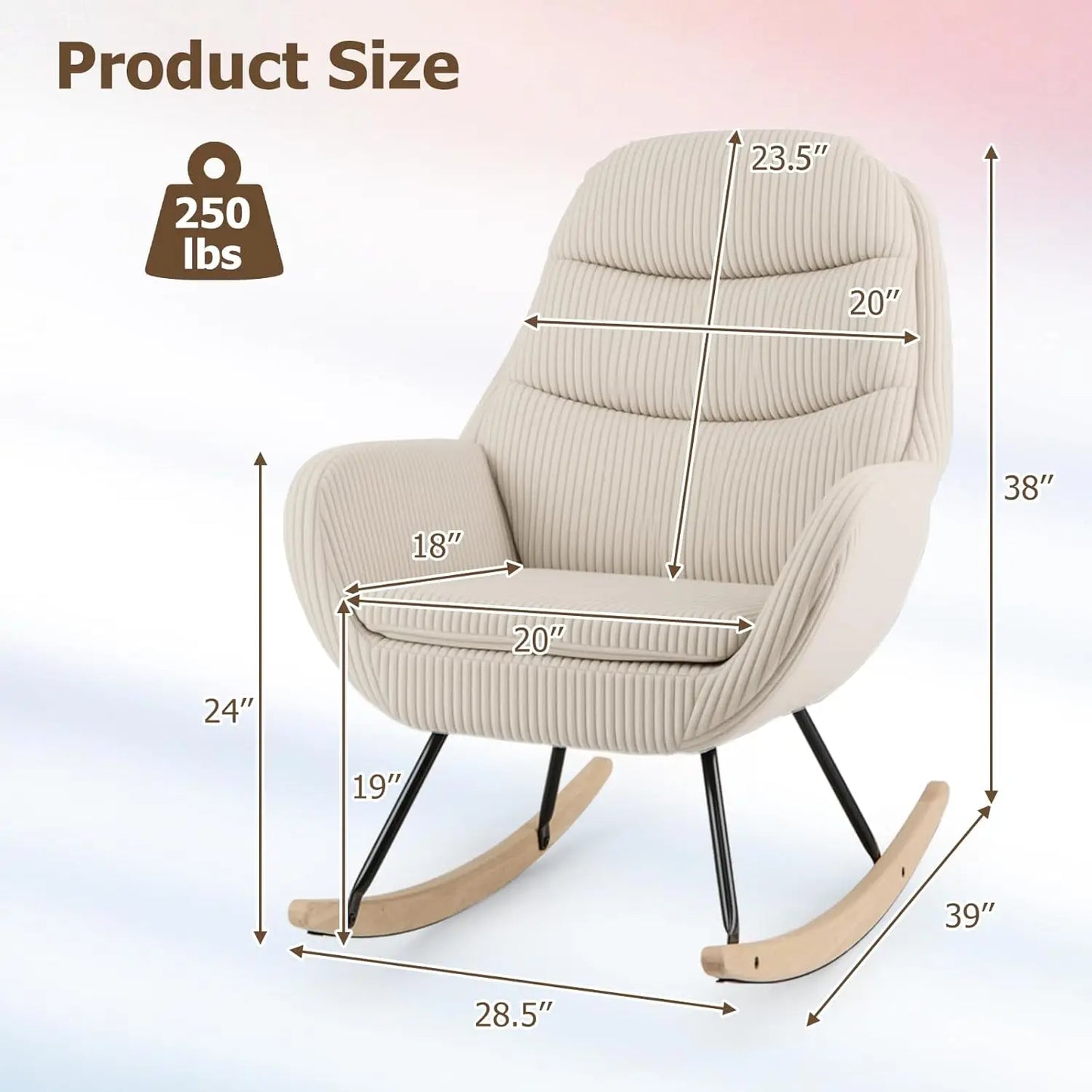 Rocking Chair Nursery, Upholstered Glider Rocker with Padded Backrest & Seat, Rubber Wood Feet