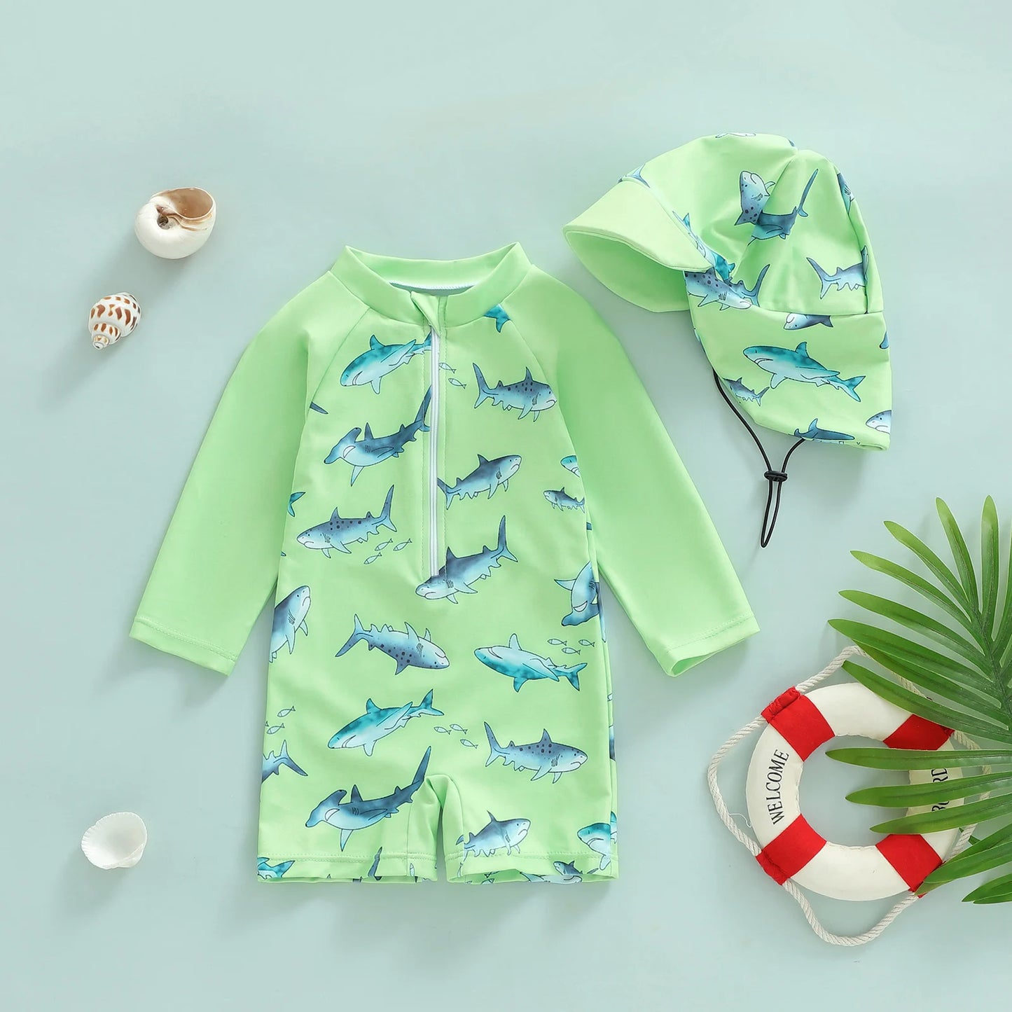 Baby Boys  Rash Guard Swimsuit with Shark Print and Zipper Closure Long Sleeve Bathing Suit with Matching Swim Cap