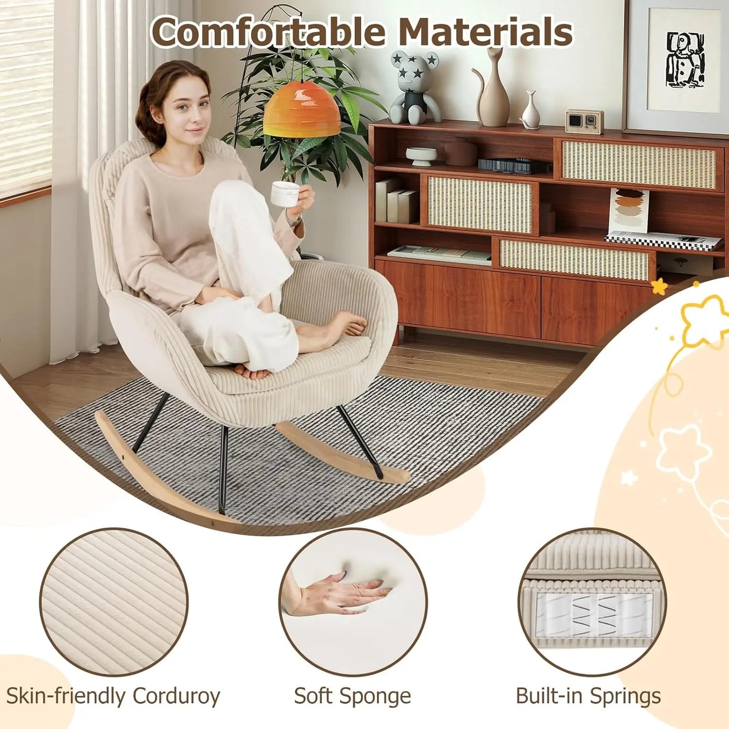 Rocking Chair Nursery, Upholstered Glider Rocker with Padded Backrest & Seat, Rubber Wood Feet
