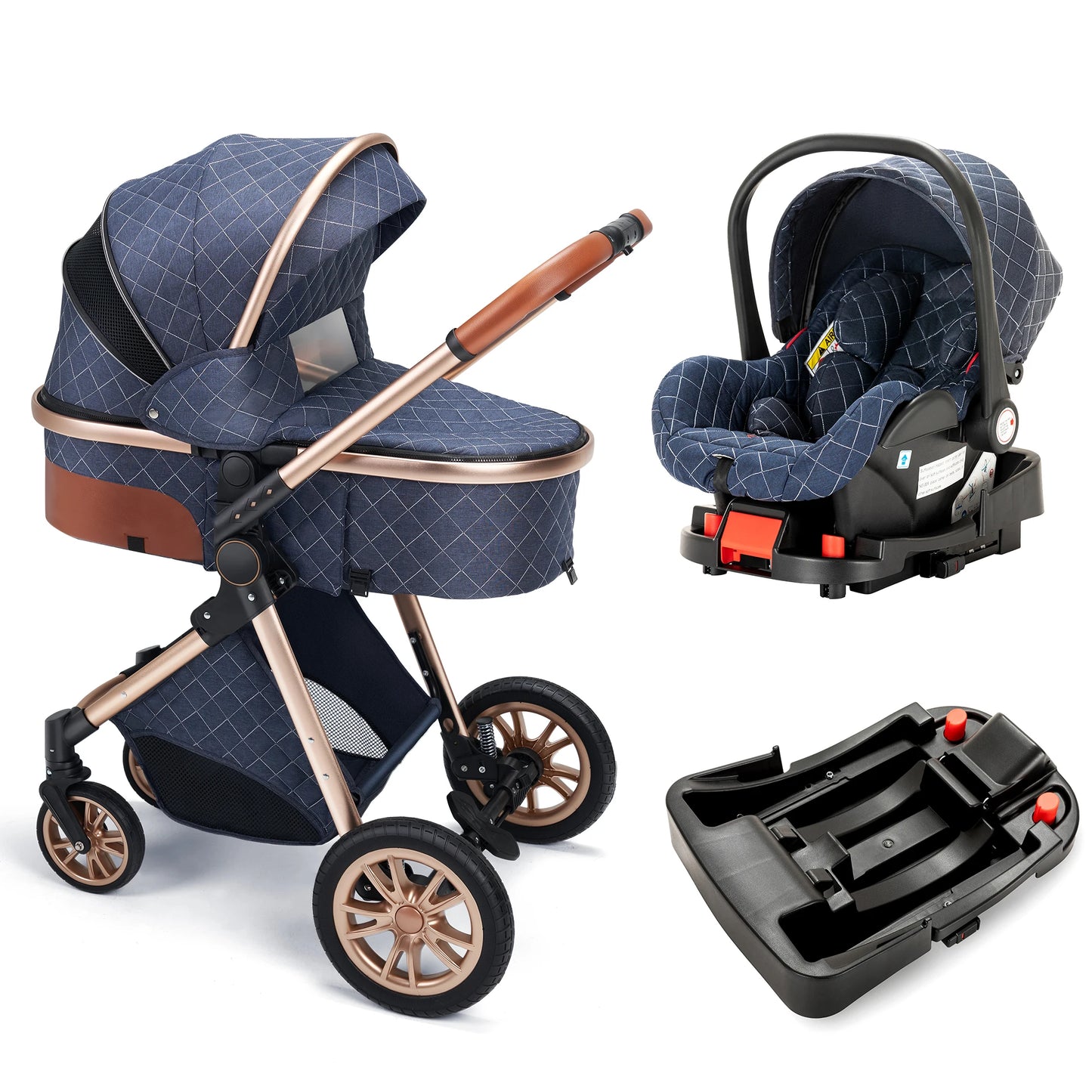 Luxury 3-in-1 High Landscape Baby Stroller Folding Pushchair with Reversible Seat Vista Pram for Comfortable Travel