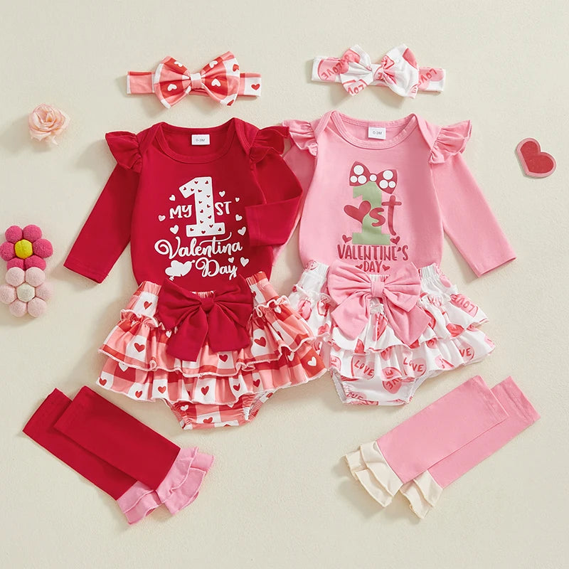 Baby Girl 1st Valentine Outfit Letter Print Long Sleeve Romper with Heart Print Skirt Pants and Bow Tie Headband Socks Set