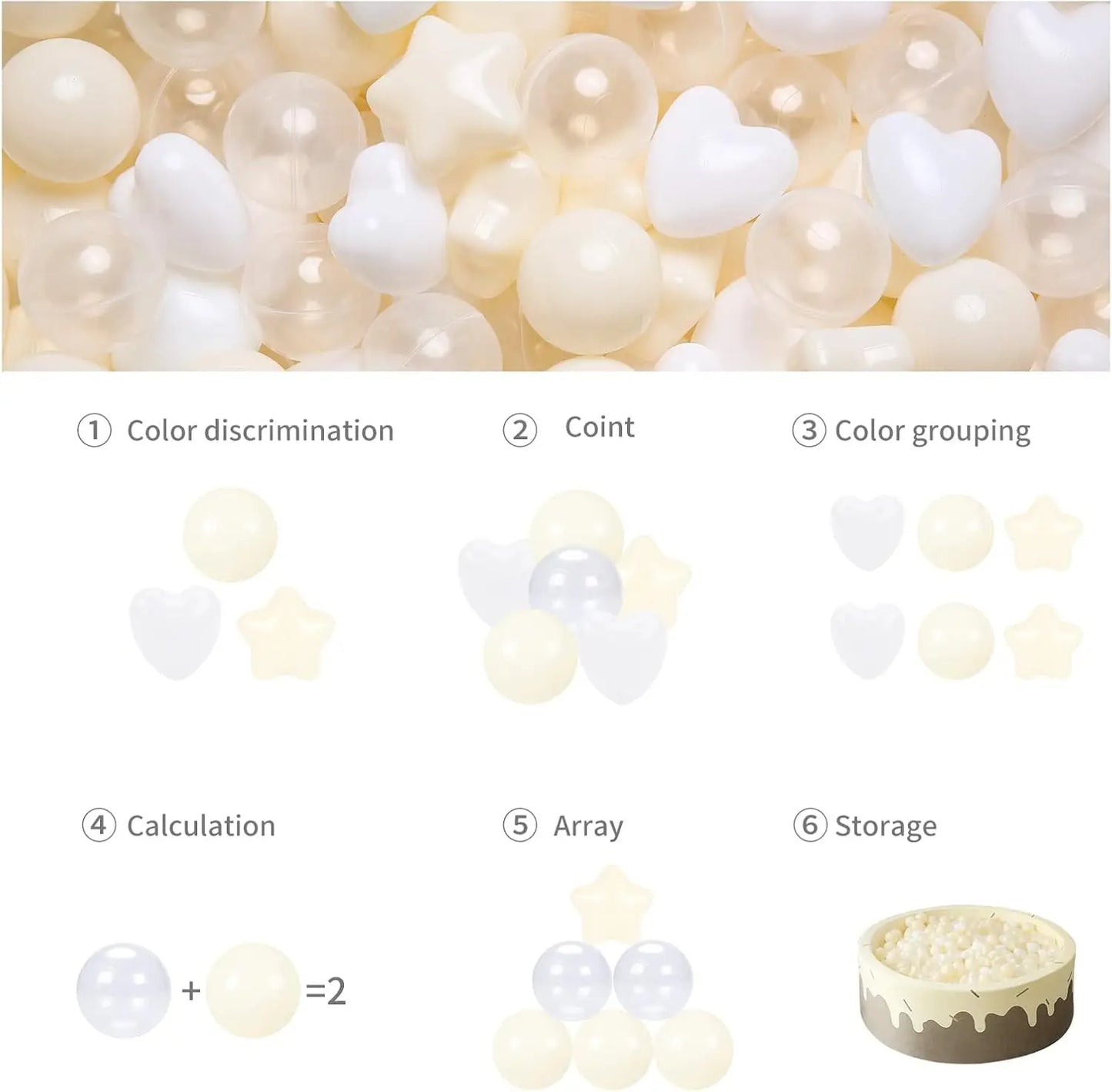 Ball Pit Balls,Plastics Balls for Ball Pit, Stars Hearts Shape for PastelBall for Toddlers Kids,Beige White Clear 200 balls