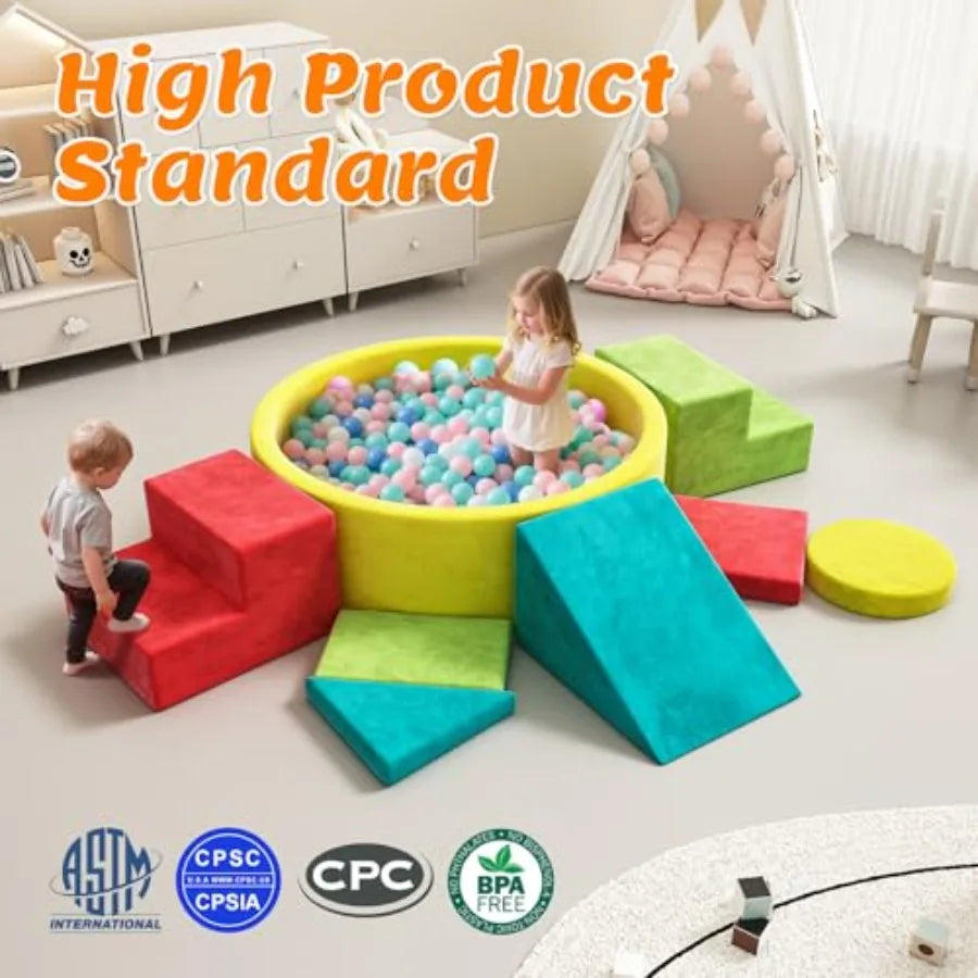 Soft Foam Climbing Blocks Set with Ball Pit for Indoor Play Modular Toddler Climber in Pastel Colors Safe Crawling Sliding Play
