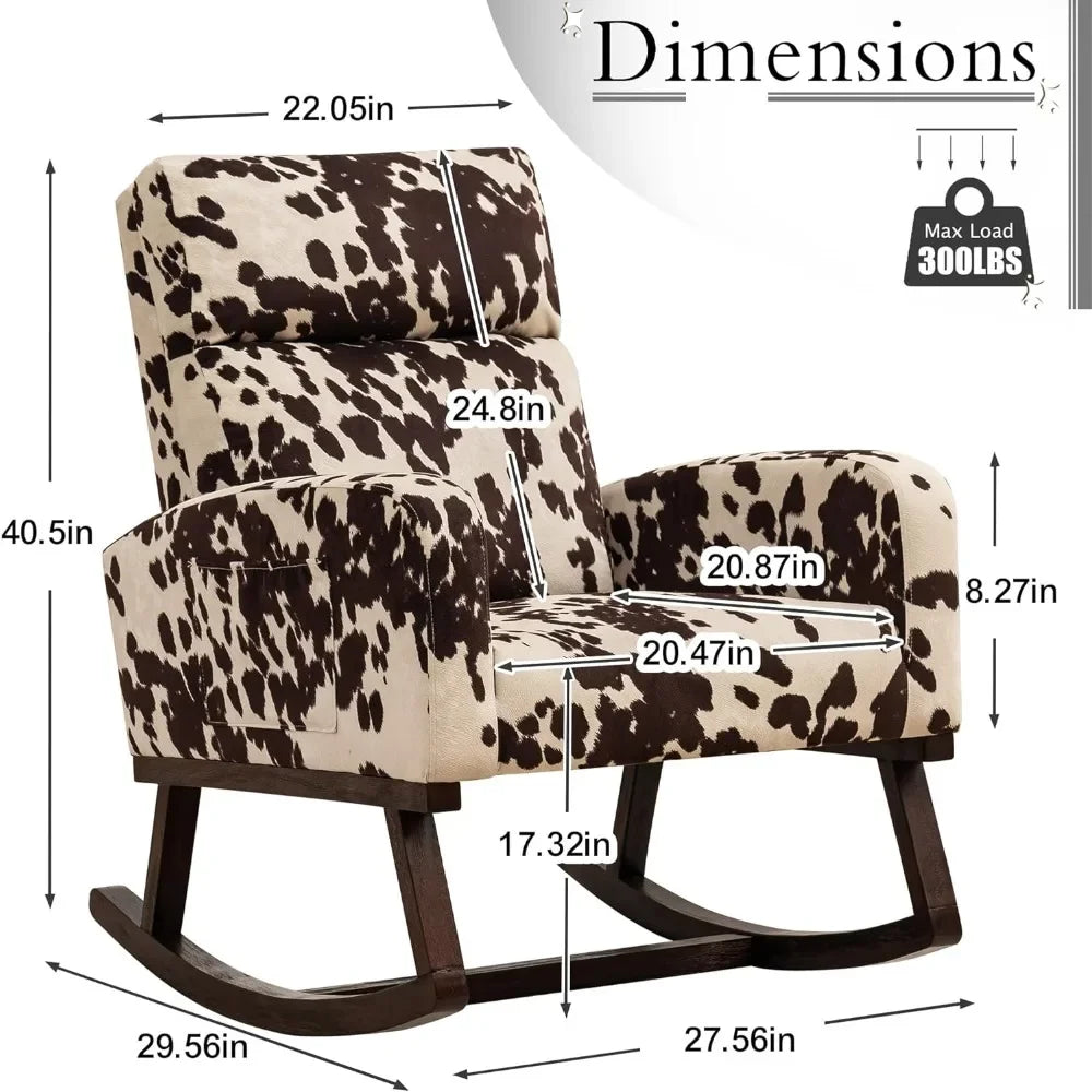 Nursery rocking chair, cow printed fabric gliding chair, high backrest side pockets, and extended wooden structure daycare chair