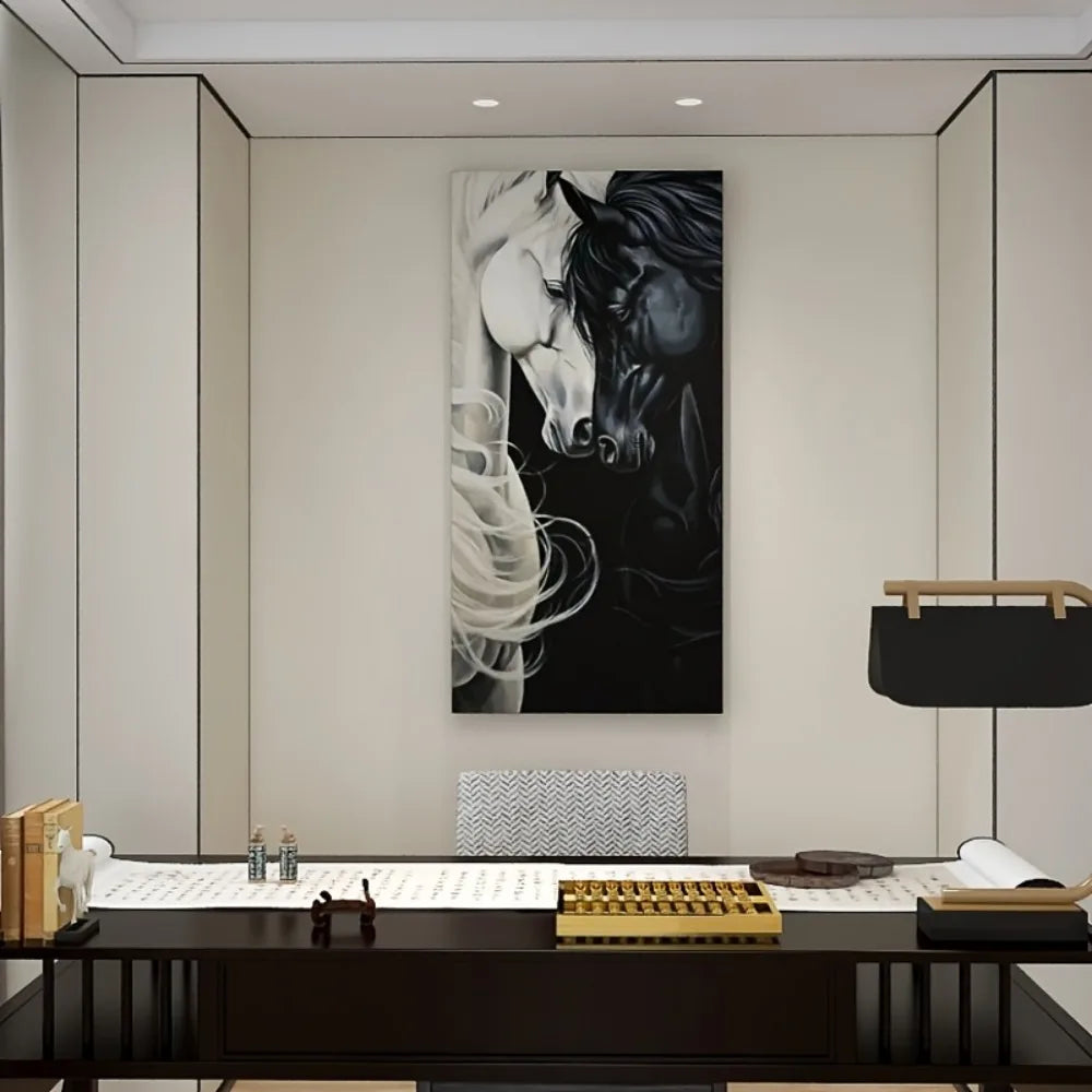 Modern abstract Black horse canvas wall art with 1.5 inch solid wood frame - stylish monochrome painting, minimalist decor