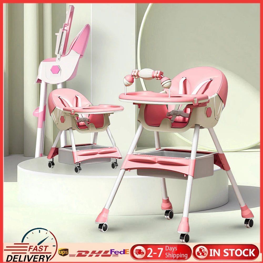Baby Dining Chair Foldable Baby High Chair 6 Months Plus With Toyrack Easy To Clean Feeding With Brakeable Universal Wheel