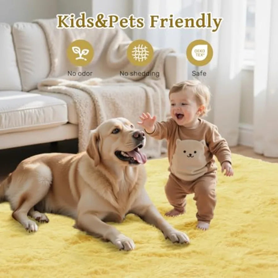 6x9 Yellow Shag Area Rug for Living Room Decor: Fluffy Plush Carpet with Non-Slip Backing Ideal for Bedroom Nursery Playroom