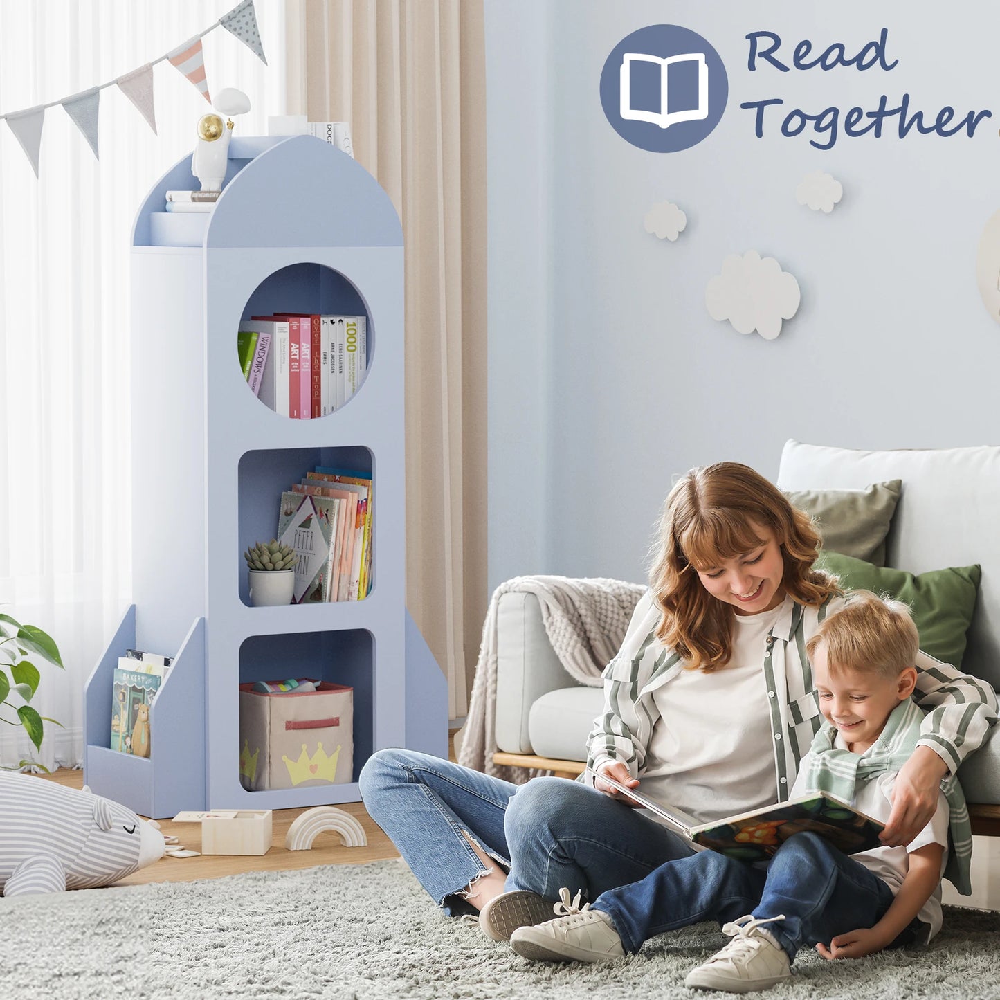 3-Tier Rocket Baby Book Shelf Side shelves, Wood Open Toddler Bookcase, Kids Bookshelf & Toy Storage, Spacious Display Organizer