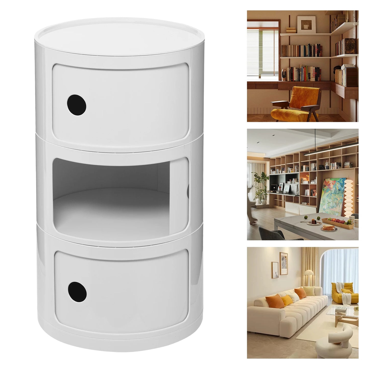 3 Layers Round Bedside Cabinet with 3 Drawers Cabinet with Storage