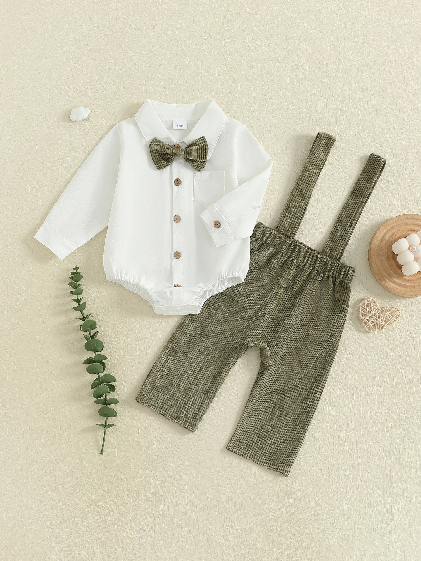 Baby Boy Formal Wear Set Solid Color Button up Shirt Romper with Bow Tie and Suspender Pants for Gentleman Style