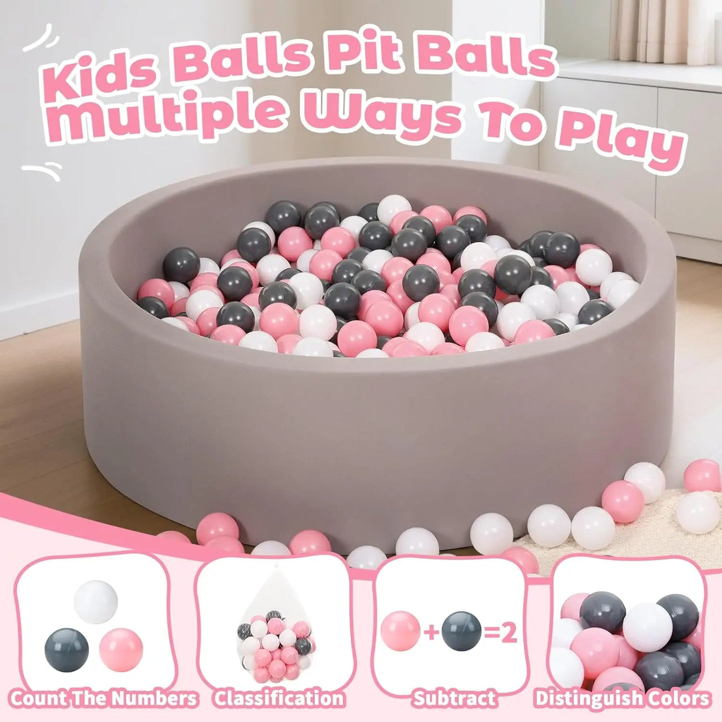 Ball Pit Balls for Toddlers: 50 Colorful Pink, White, and Grey Balls – BPA-Free, Phthalate-Free, Crush-Resistant Plastic, 2.2 In