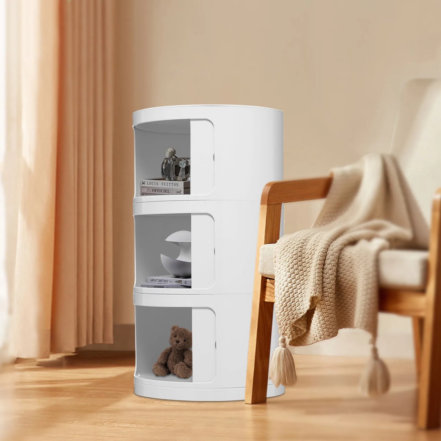 3 Layers Round Bedside Cabinet with 3 Drawers Cabinet with Storage