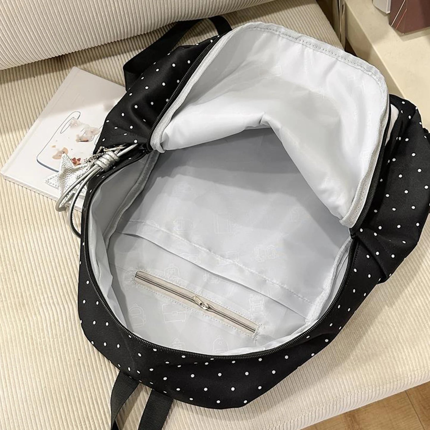 Nylon Polka Dot Piano Key Backpack 16.9 Inch with Pendant Travel Daypacks for Teen Girls Travel Shopping Daily Use