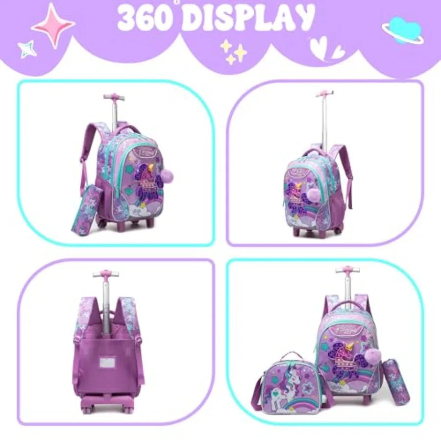 Unicorn Rolling Backpack with Wheels for Elementary Student Wheels Trolley Trip Luggage with Lunch Bag Pencil Case