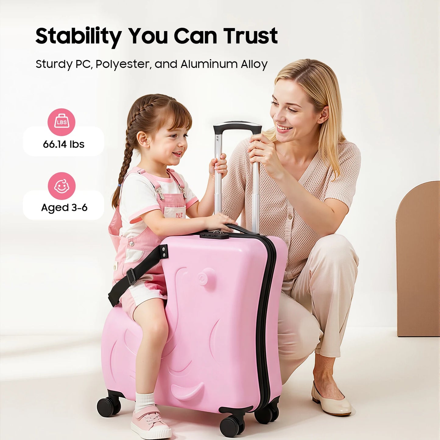 20" Kids Ride-On Suitcase Portable Kids Trolley Suitcase, Children's Trolley Case w/ Seat Pink Travel Luggage w/ 4 Wheels Lock