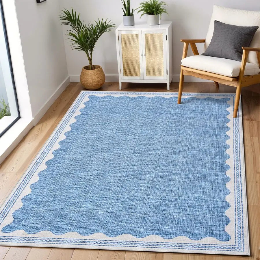 Scalloped 5 X 7 Area Rugs Washable NonSlip Solid Blue Modern Minimalism LowPile Carpet for Bedroom