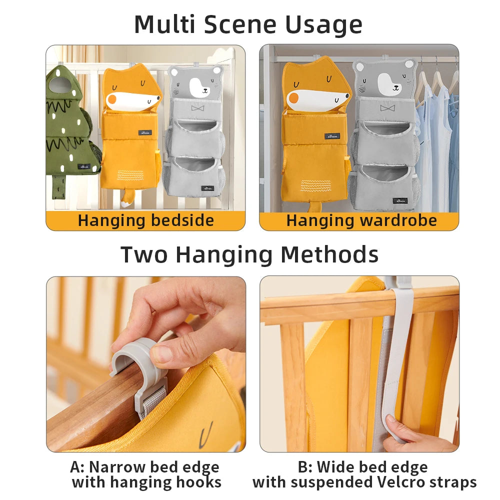 Sunveno Cartoon Baby Crib Hanging Storage Bag, Multi-functional Organizer for Baby Supplies