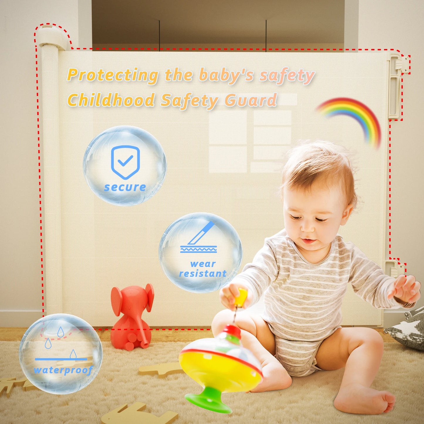 Extra Wide Kids Pets Gate Retractable Dog Gate for Babies, White Child Baby Gates, One Handed Operation Mesh Safety