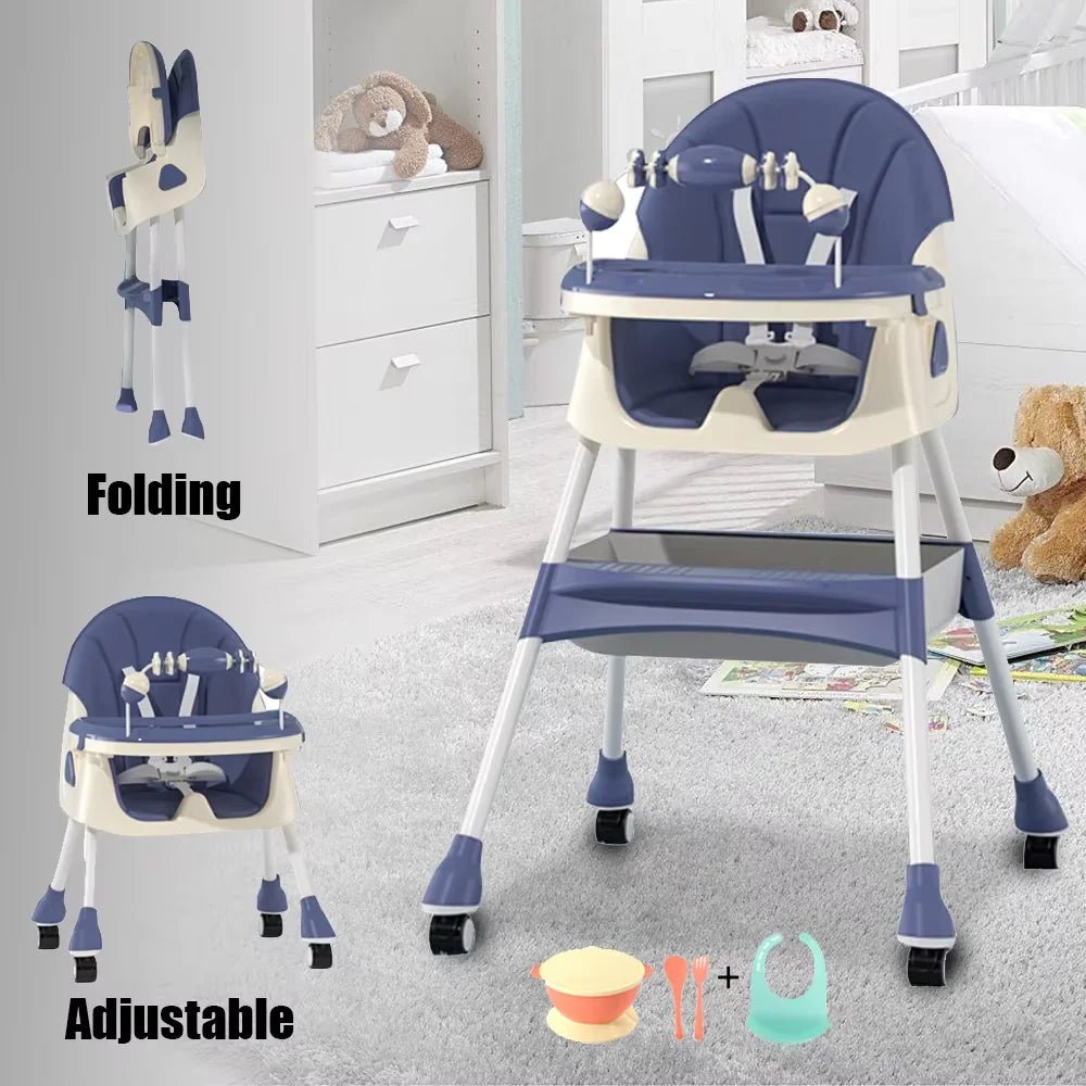 Foldable Baby High Chair Baby Dining Chair with Large Antislip Pad Toy Rack Easy to Clean Feeding Padding Case Accessories