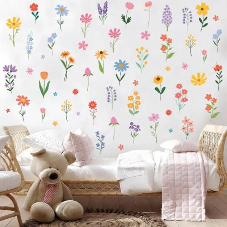 Spring Flower Wall Stickers 8 Sheets Wildflower Wall Decals Peel and Stick Floral Wall Decor for Girls Bedroom Nursery Spring