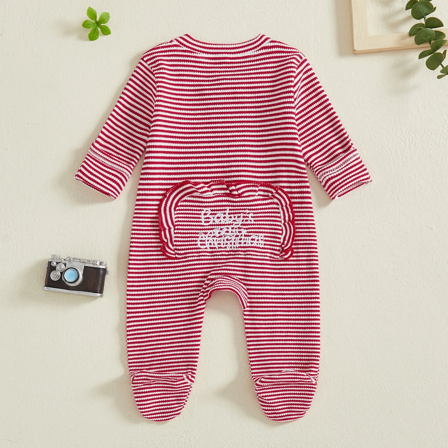 Infant Unisex First Christmas Bodysuit Round Neck Long Sleeve Striped Footed Pajama with Full-Length Zipper Closure