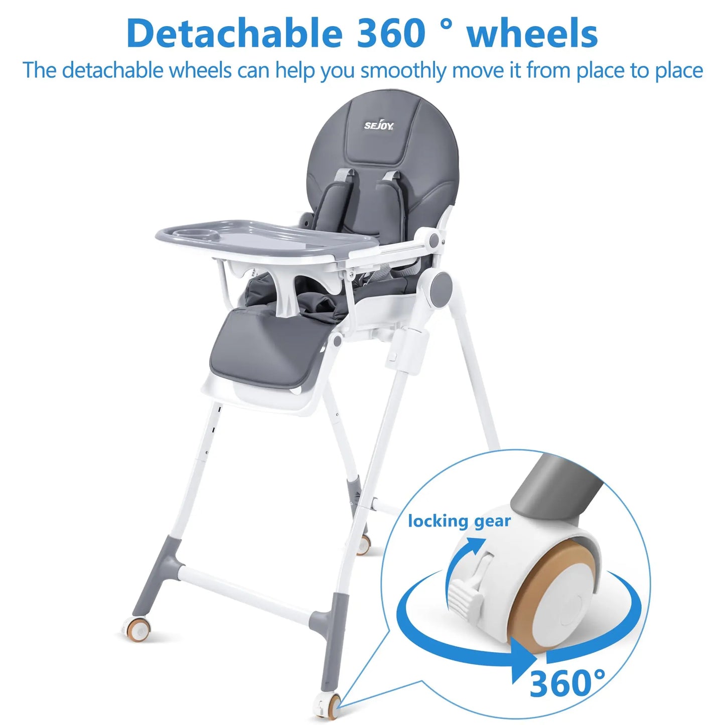 Sejoy Adjustable Baby High Chair with 5-Point Harness 3-Position Tray & Wheels CE/CPC Certified Children's Dining Chair