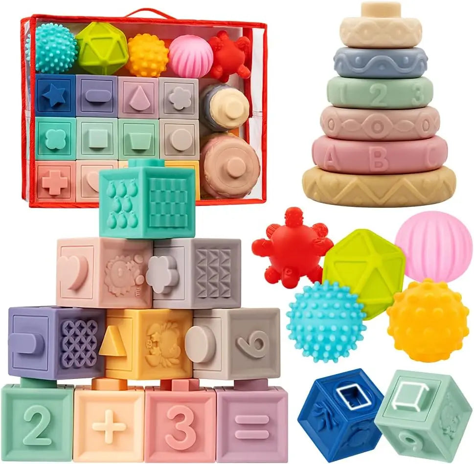 Stacking Blocks & Teething Rings & Sensory Balls for Development