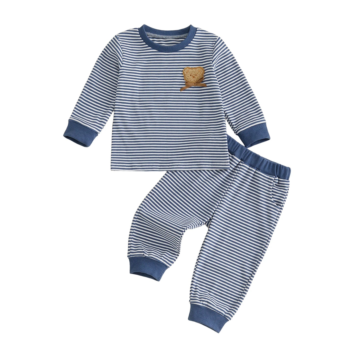 Striped Neck Sleeve-Crew-Neck Embroidery Striped Print Boy Fall Matching Toddler Crew Neck Bear High Quality Striped Neck