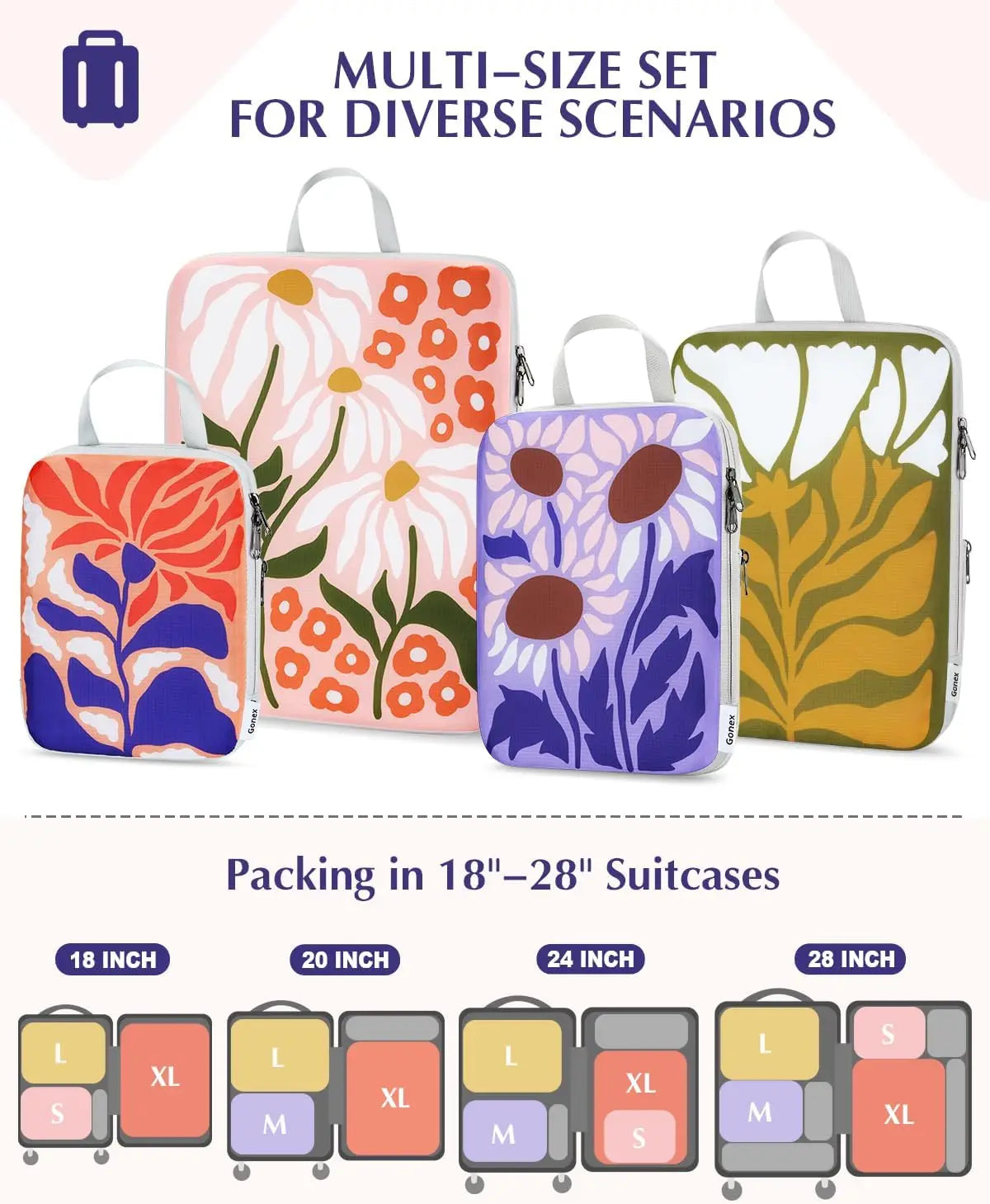 4pcs Expandable Compression Packing Cubes, Travel Luggage Organizers with Flowers Design for Suitcase Carry On