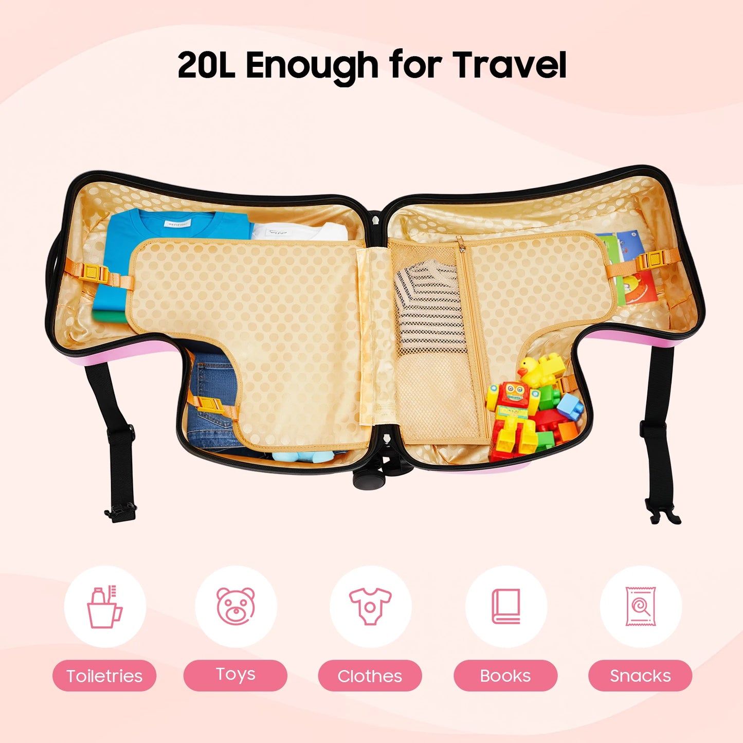 20" Kids Ride-On Suitcase Portable Kids Trolley Suitcase, Children's Trolley Case w/ Seat Pink Travel Luggage w/ 4 Wheels Lock