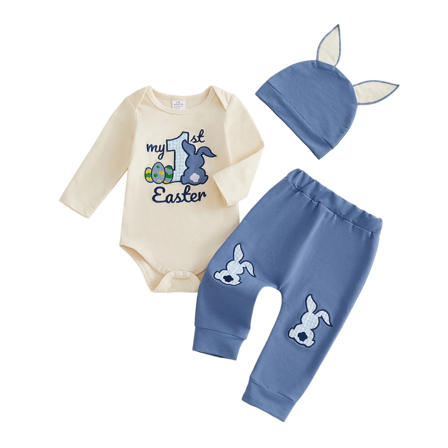 3Pcs Baby Boy Easter Outfit Crew Neck Long Sleeve Bunny Embroidery Romper Elastic Waist Pants and Hat Set for Spring