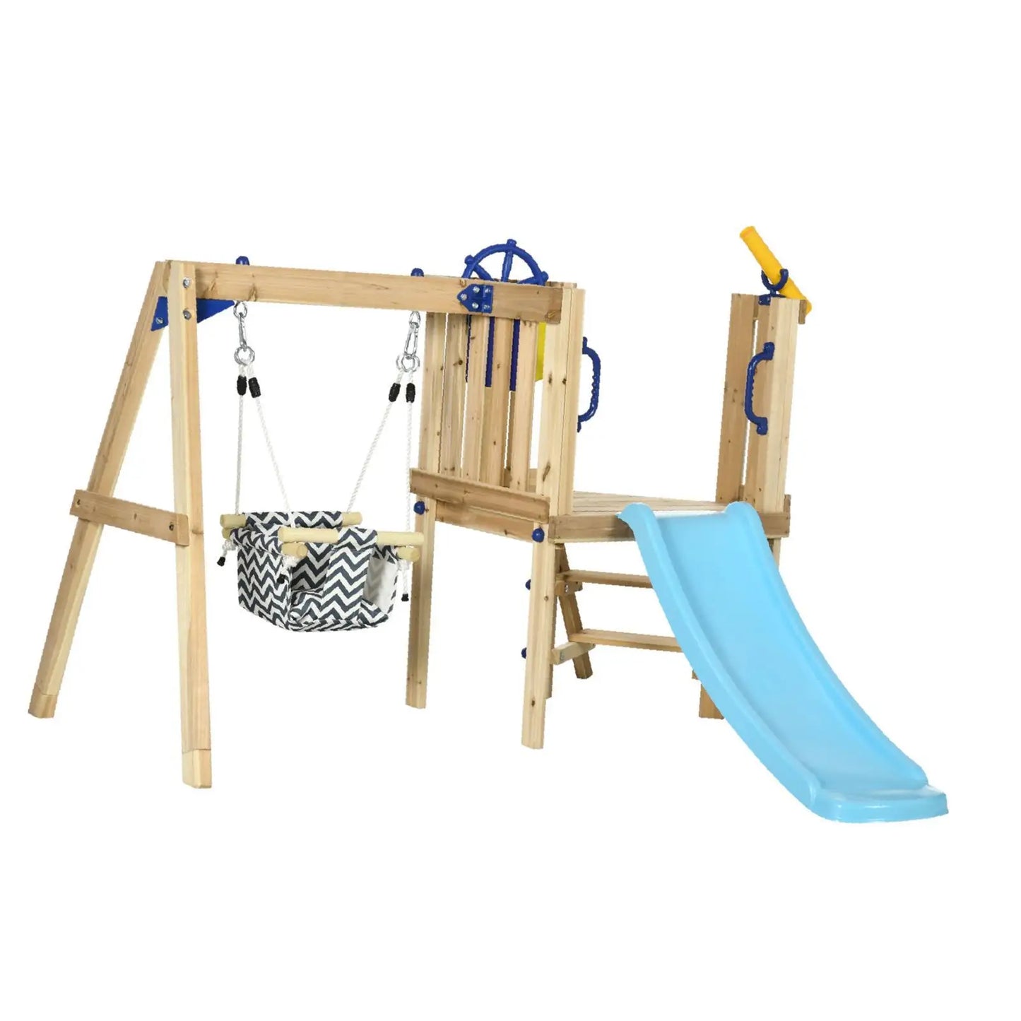 Backyard Wooden Swing and Slide Set with Baby Swing Toddler Slide and Telescope for Kids Playground Fun