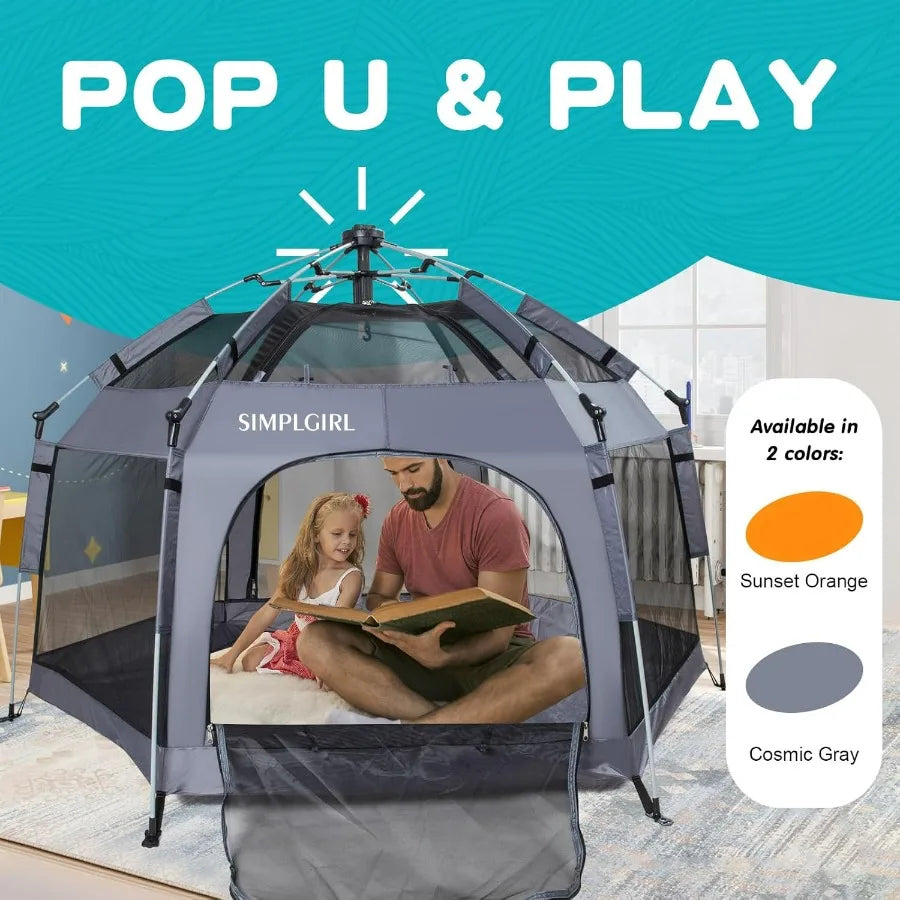 Portable Lightwght Pop Up Playpen for Indoor and Outdoor Use with Canopy and Travel Bag - Grey