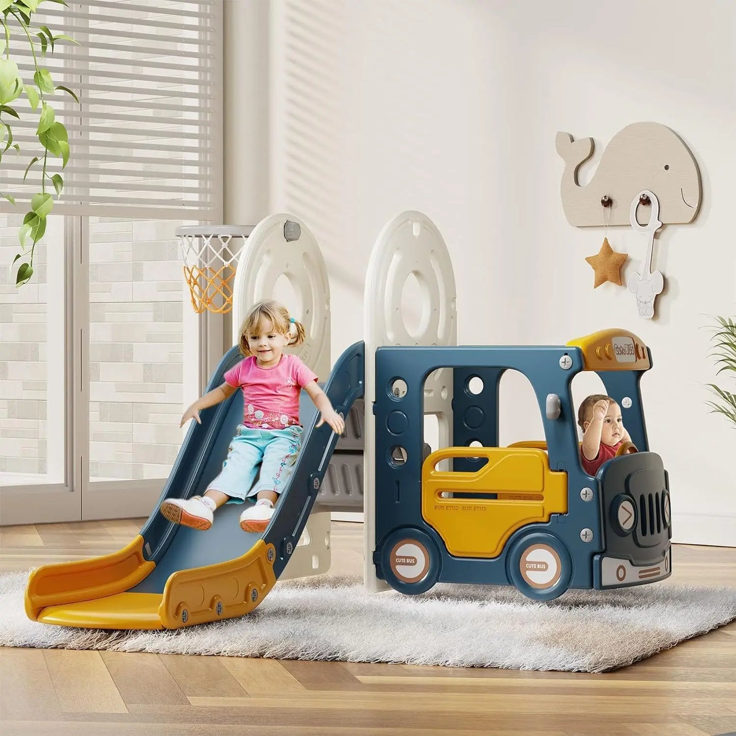 4 in 1 Toddler Slide, Bus Themed Baby Slide for Toddlers Age 1-3, with Basketball Hoop, Indoor Outdoor Playset Playground