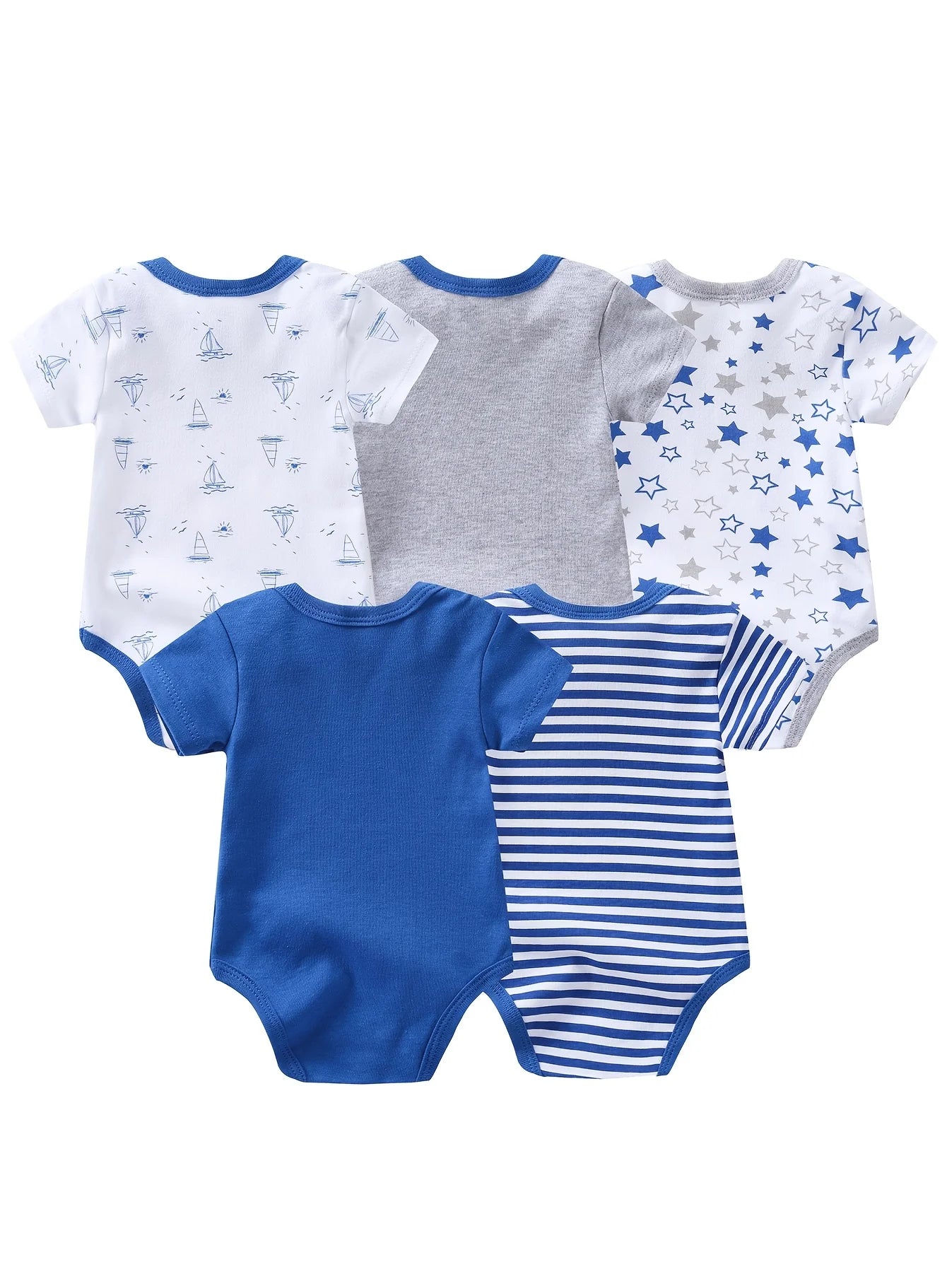 5pcs Baby Boy Triangle Rompers, Creative Baby Bodysuits, Short Crawler Onesies, Short Sleeve Jumpsuits with Sailboat Pattern, Soft Breathable Casual Infant Clothes, Newborn Hospital Essentials, Bargain, for Outdoor