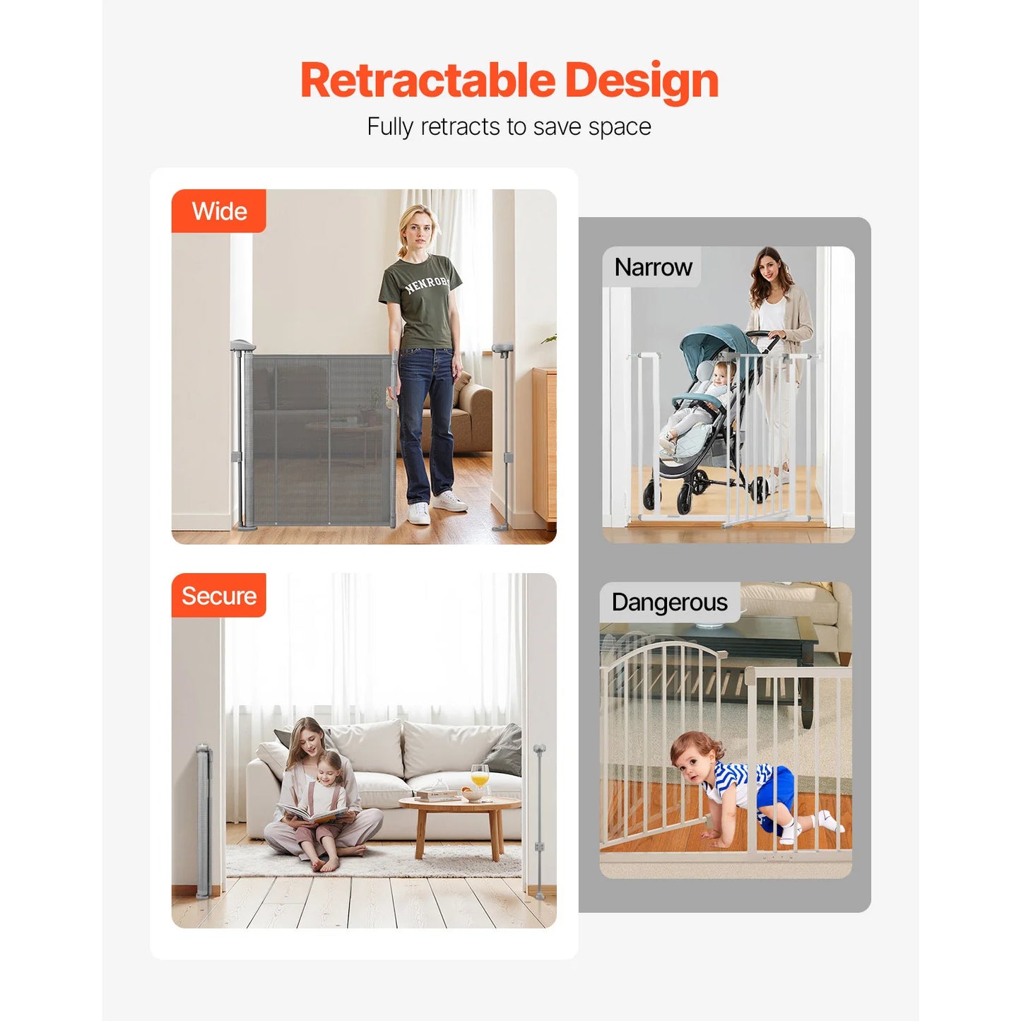SucceBuy 55/71/110in Retractable Baby Gate 34in Tall Extends Wide Retractable Gate for Kids Mesh Material Easy to Install
