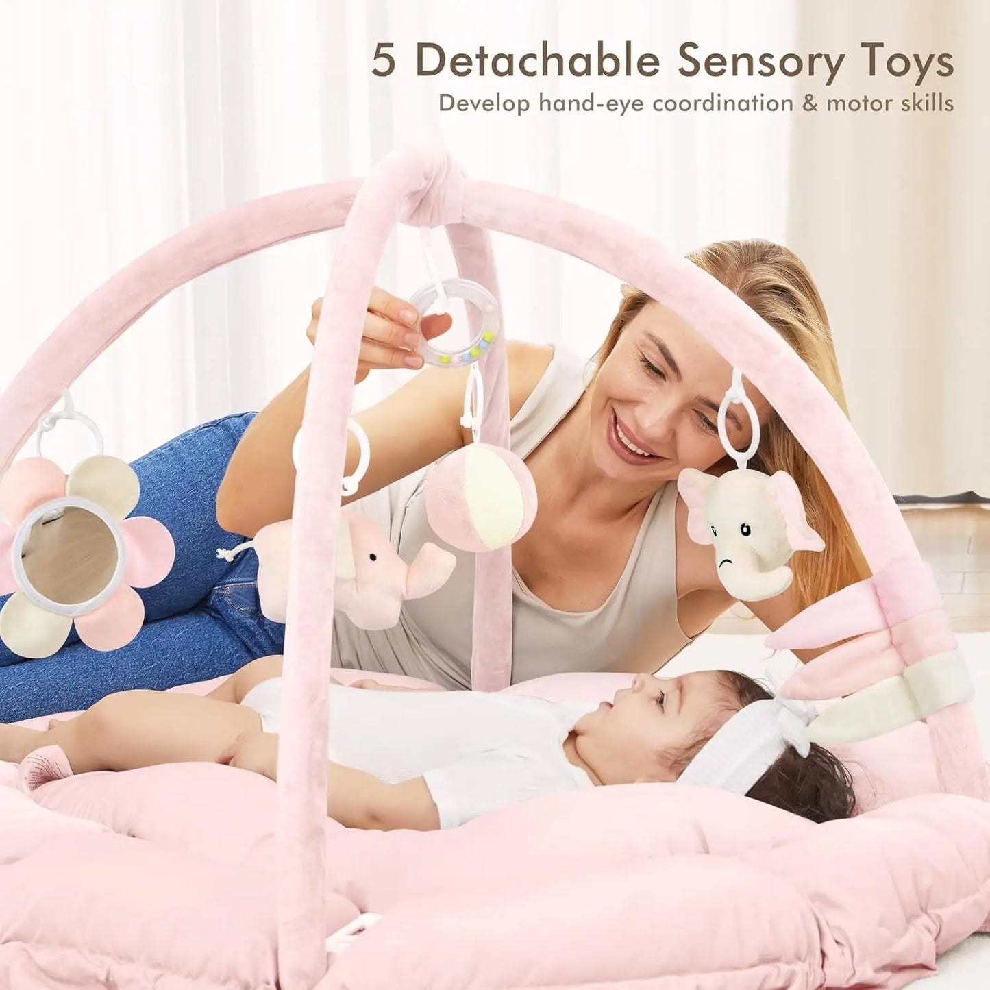 5-in-1 Baby Play Gym Mat with Reversible Tummy Time Pad and 5 Sensory Toys for Newborn to Toddler Development (Pink)