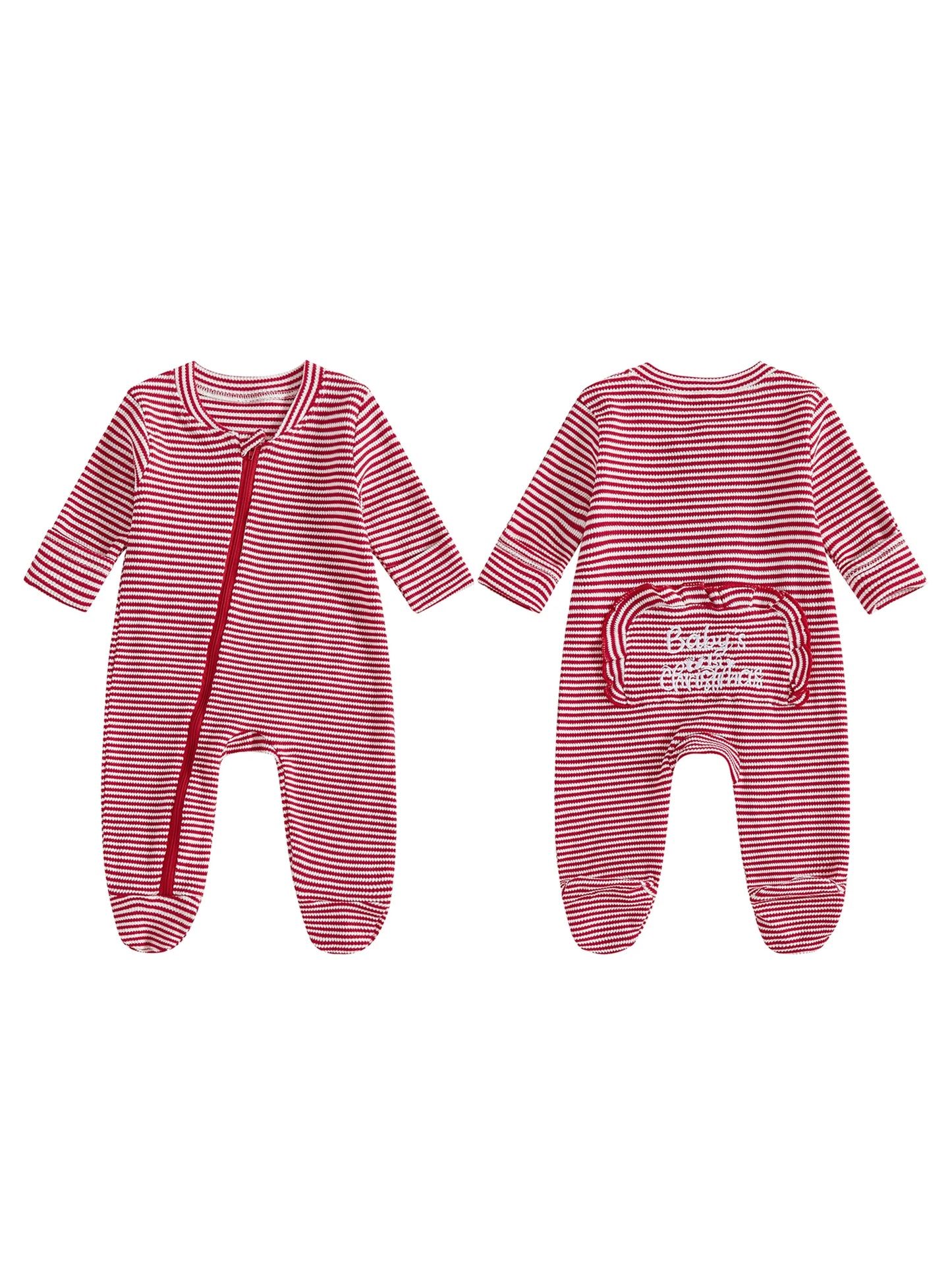 Infant Unisex First Christmas Bodysuit Round Neck Long Sleeve Striped Footed Pajama with Full-Length Zipper Closure