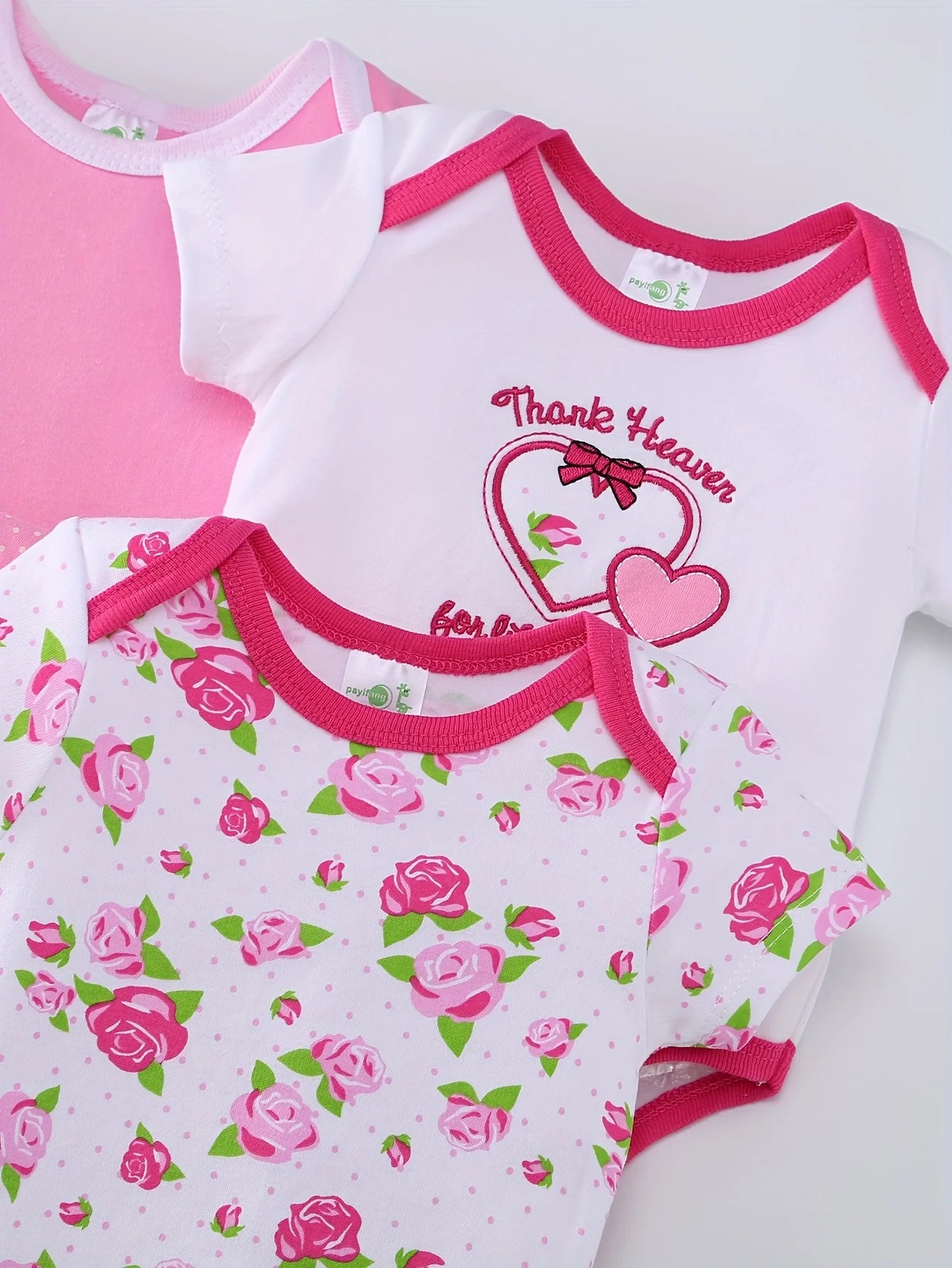 5pcs Baby Girls Short Sleeve Triangle Bodysuits, Cotton Breathable Floral & Heart Print Outfits, Essential Wear for Newborns, Hospital & Outdoor Use, Crew Neck, Perfect for Outdoor
