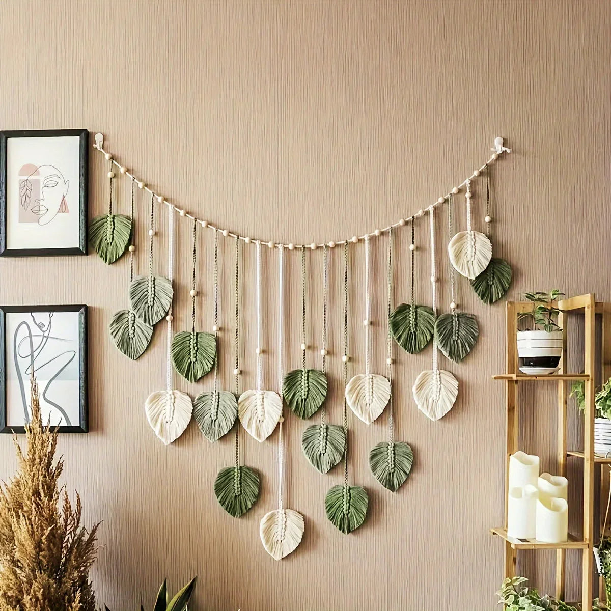 Modern Woven Wall Decor, Beautiful Room Decor, Green Leaves Hanging on The Walls, Bohemian Style, Feather
