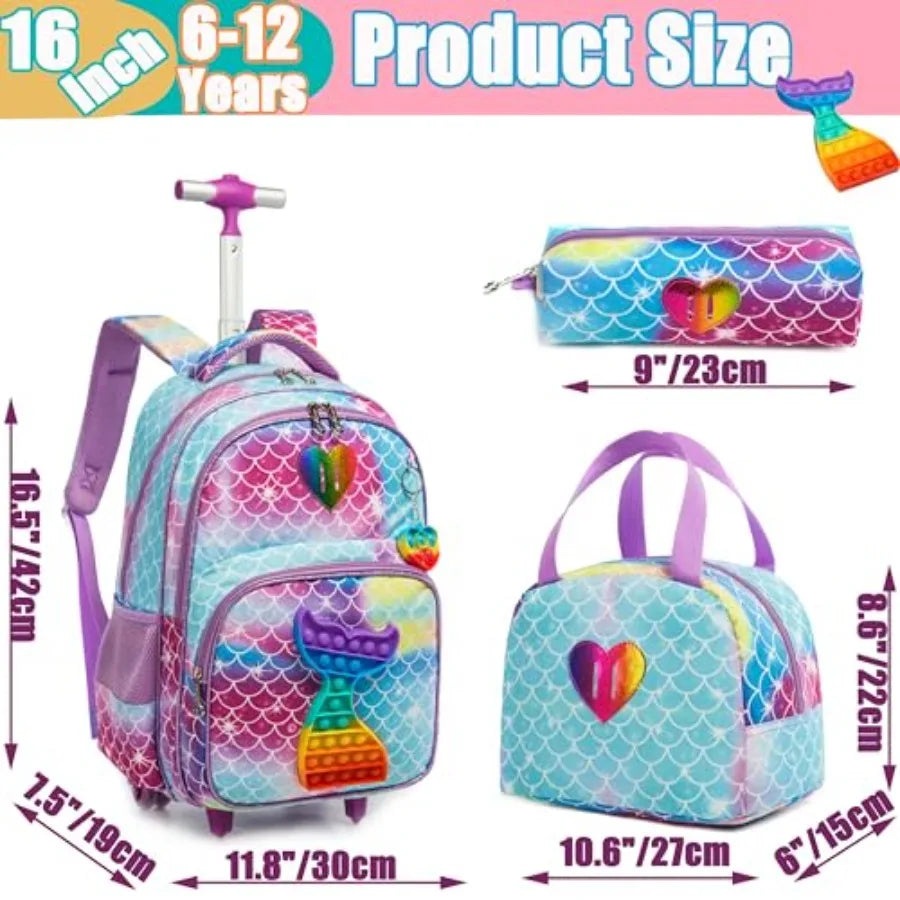 Mermaid Rolling Backpack for Girls Wheels Backpacks for Elementary Student Wheeled Trolley Trip Luggage